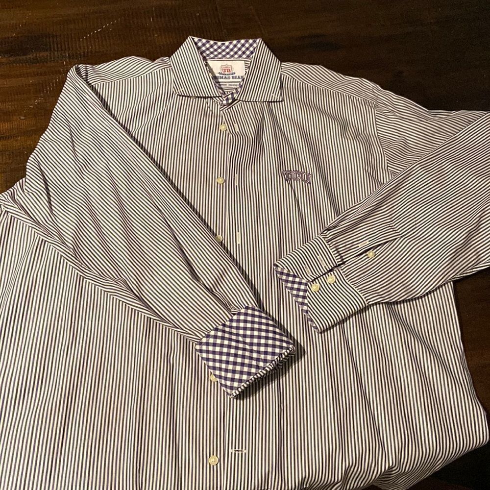 Men’s Thomas Dean Collegiate TCU Striped Dress Shirt Button Down Large